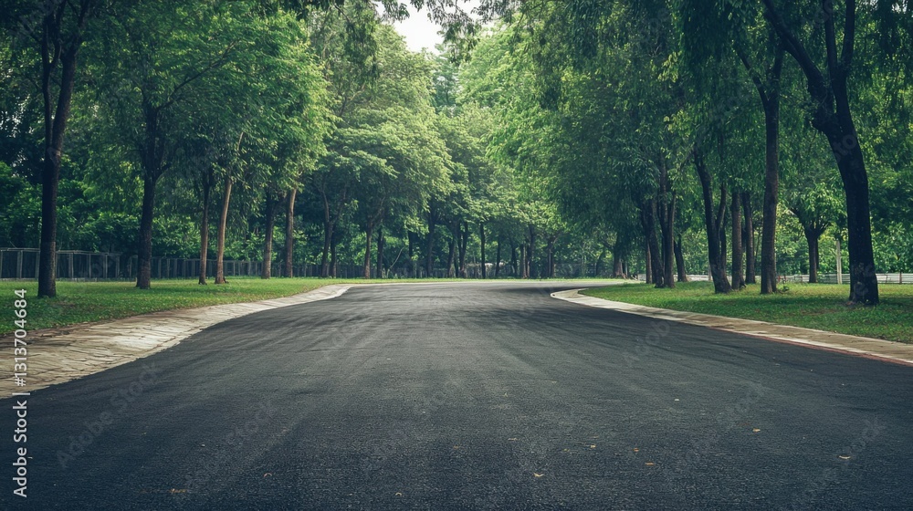 serene asphalt road through lush green trees serene asphalt road through lush green trees