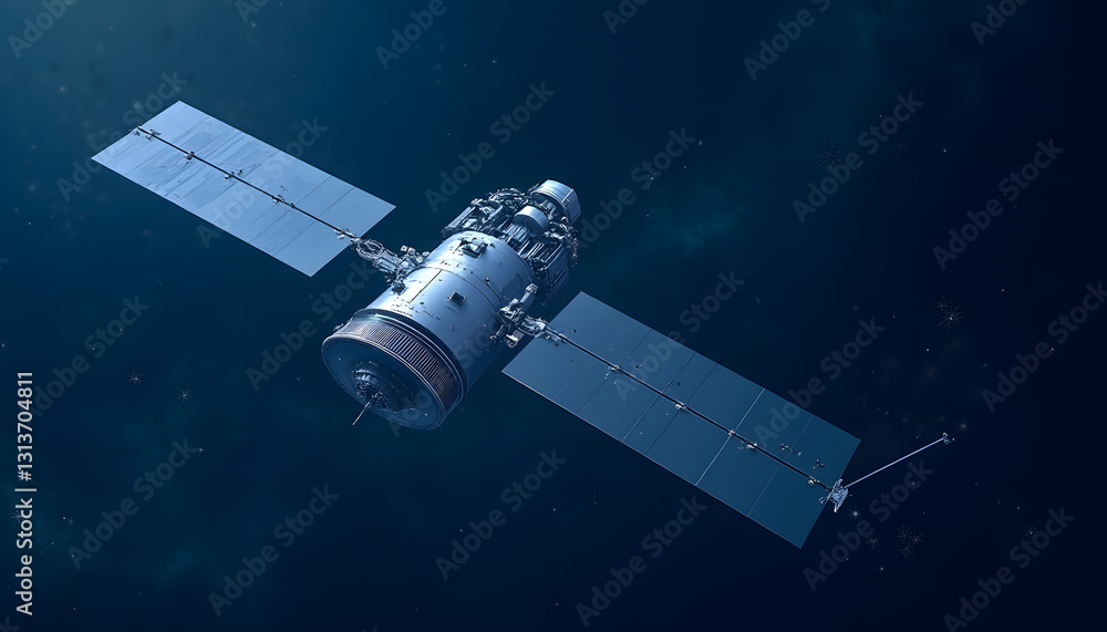 Fototapeta premium Space infographic: communication satellite, minimalistic design, blue and silver shades, technical drawing, transparency of details, no background