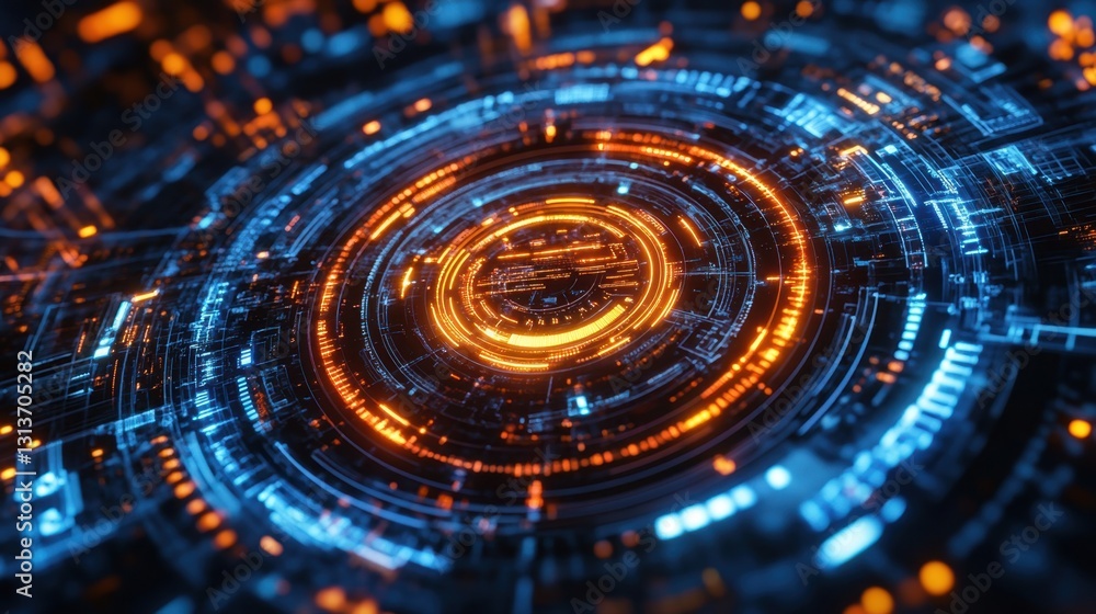 A futuristic antivirus system represented by a neon blue and orange cyber padlock interface. A futuristic antivirus system represented by a neon blue and orange cyber padlock interface.