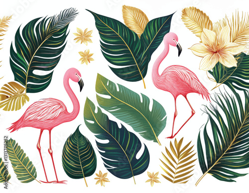 Firefly Tropical vector leaf with gold, flowers and flamingo. set floral illustration