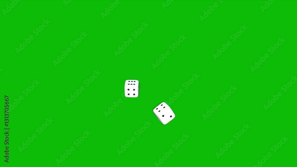 Two casino white dices rolling and landing on number 4 and 6 on green screen 3D animation