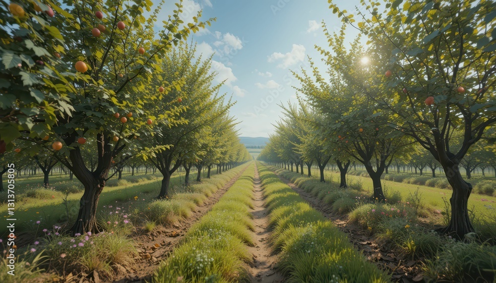 Fototapeta premium Lush Apple Orchard with Rows of Trees and Vibrant Sky in Daylight