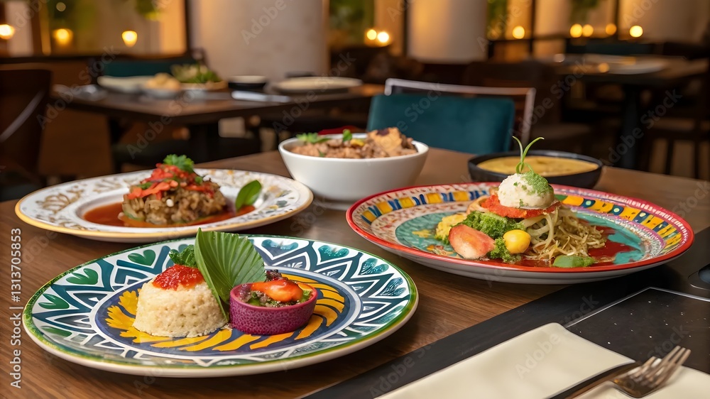A table filled with various plates of delicious food, showcasing a colorful and appetizing spread A table filled with various plates of delicious food, showcasing a colorful and appetizing spread