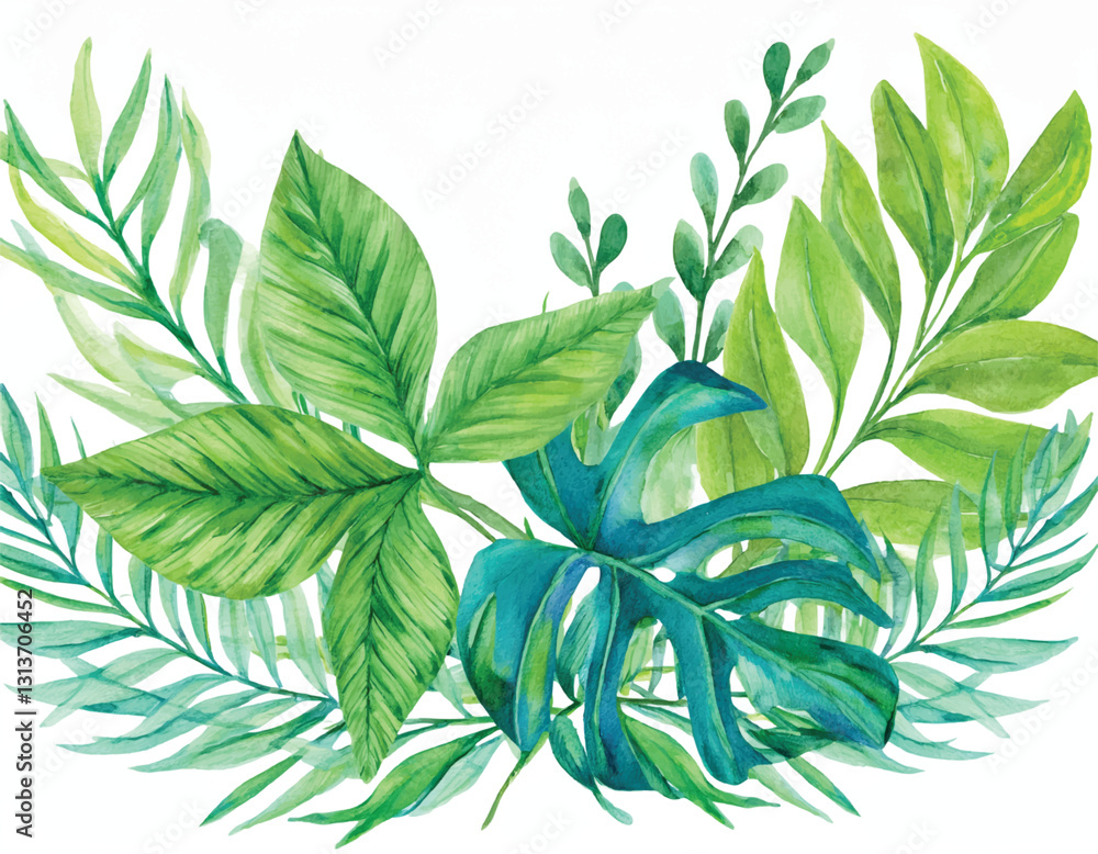 Firefly tropical watercolor herbal branch with leaves . Card with nature Firefly tropical watercolor herbal branch with leaves . Card with nature