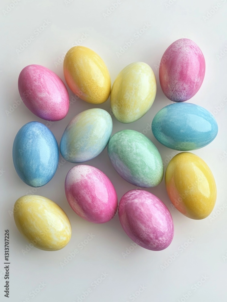A collection of vibrant, rainbow-colored eggs in shades of blue, green, pink, yellow and purple, sitting on a white surface. A collection of vibrant, rainbow-colored eggs in shades of blue, green, pink, yellow and purple, sitting on a white surface.