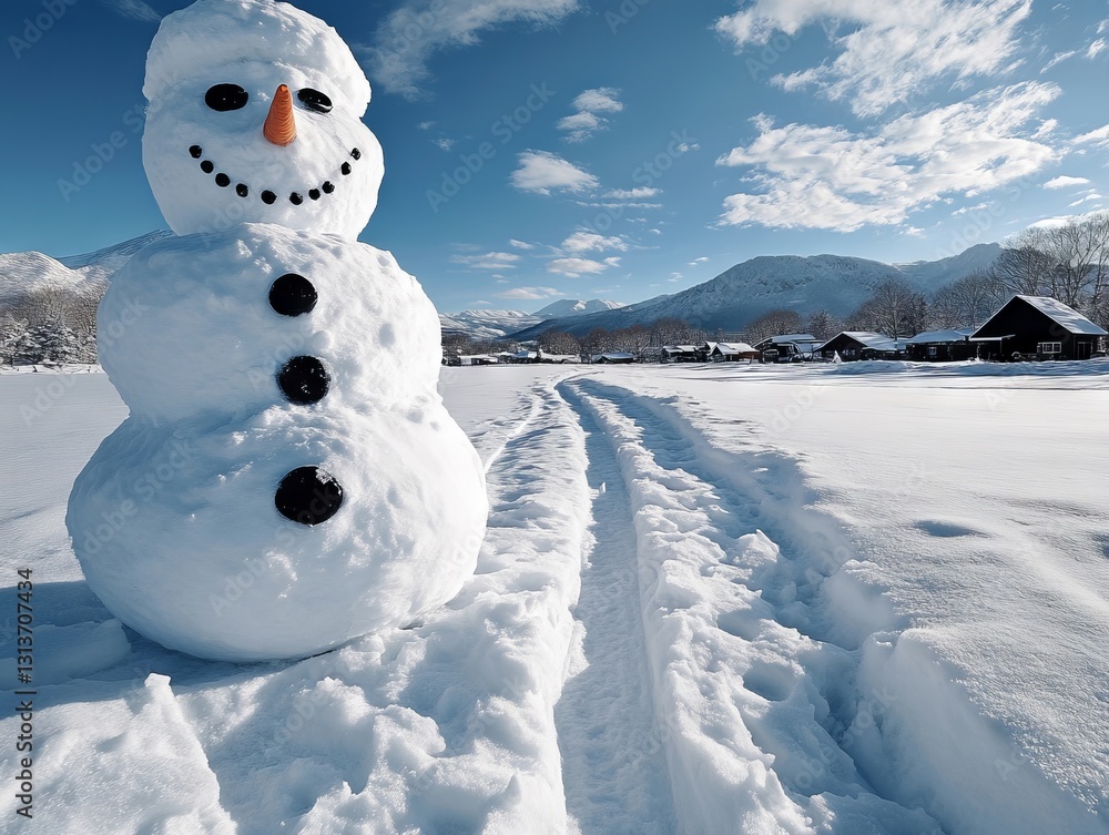 Obraz premium A snowman is standing in the middle of a snow covered field
