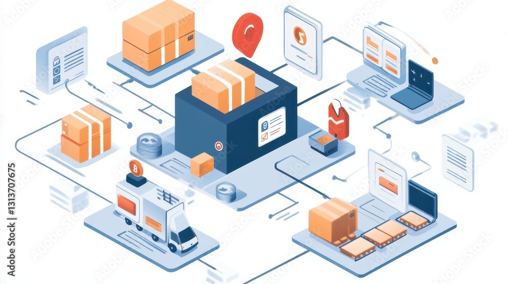 A futuristic visualization of a digital supply chain with blockchain integration.