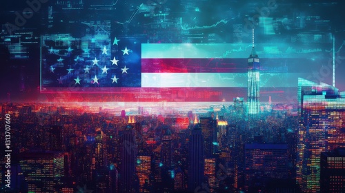 american flag over new york city skyline at night