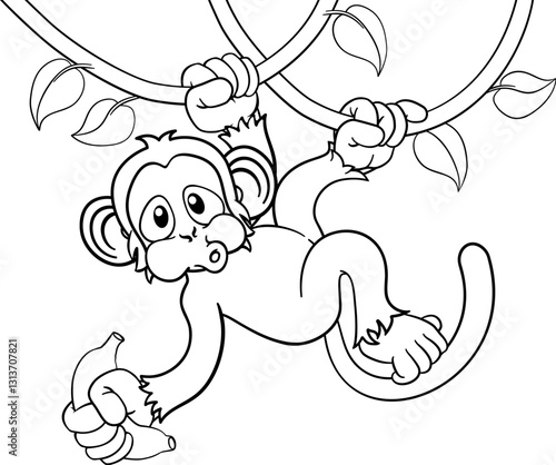 A monkey cartoon character singing on jungle vines with banana