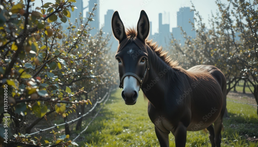 Majestic Horse in a Blossoming Orchard with City Skyline Background Majestic Horse in a Blossoming Orchard with City Skyline Background