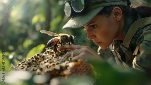 A beekeeper carefully inspecting a honeycomb covered in bees