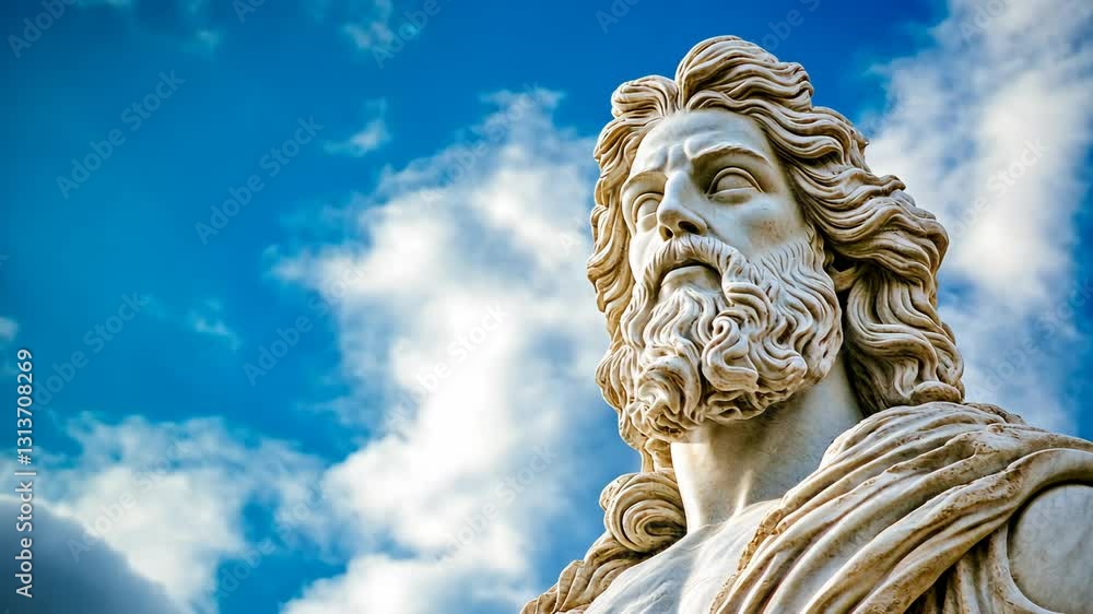 Ancient statue depicting a majestic figure against a bright blue sky with clouds in the background Ancient statue depicting a majestic figure against a bright blue sky with clouds in the background