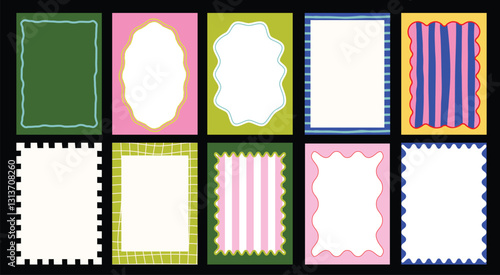 Set of frames with wavy edges,  doodle borders with striped background and curved shapes. Template for  invitations, posters, banner, social media.