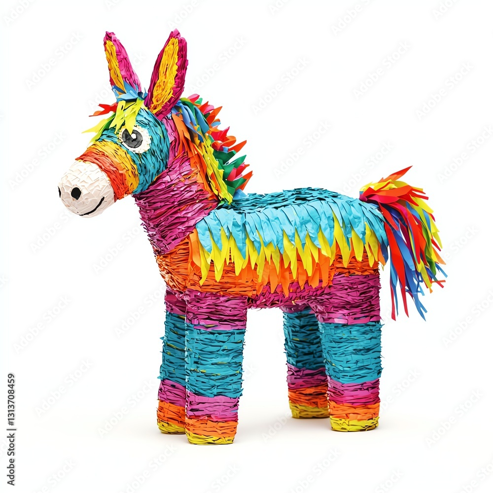 A festive pinata in the shape of a donkey with bright colors, isolated on a white background, traditional Mexican party element A festive pinata in the shape of a donkey with bright colors, isolated on a white background, traditional Mexican party element