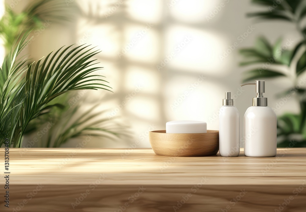 Serene Spa Setting with Natural Elements Featuring White Bottles, Bowl, and Greenery in Soft Light on a Wooden Surface Serene Spa Setting with Natural Elements Featuring White Bottles, Bowl, and Greenery in Soft Light on a Wooden Surface