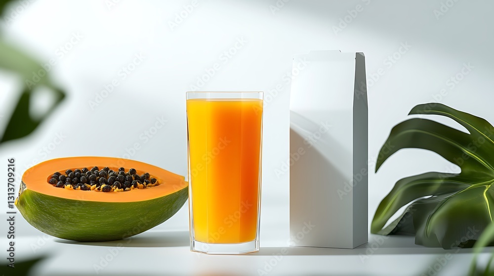 Fototapeta premium Fresh Papaya, Glass of Papaya Juice, and Blank Juice Carton on White Background with Green Leaves