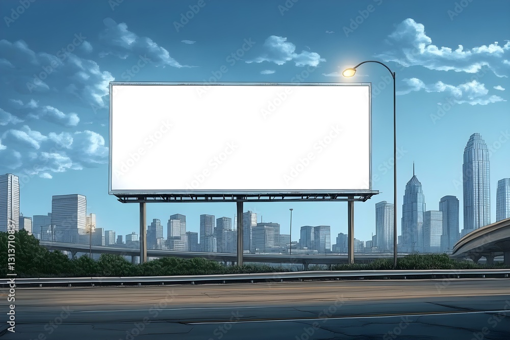 A Blank Billboard on a Highway with a City Skyline Backdrop A Blank Billboard on a Highway with a City Skyline Backdrop