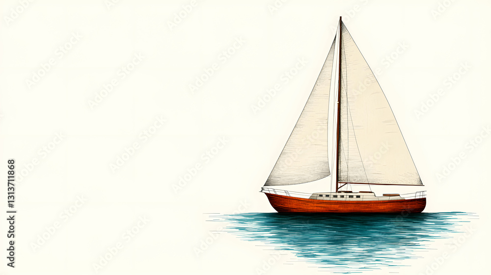 Fototapeta premium Isolated Sailboat With White Sail On Calm Blue Water In Simple Illustration Style