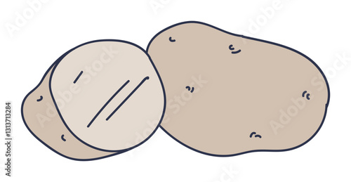 Illustration of whole and sliced potatoes, symbolizing simplicity and versatility.
