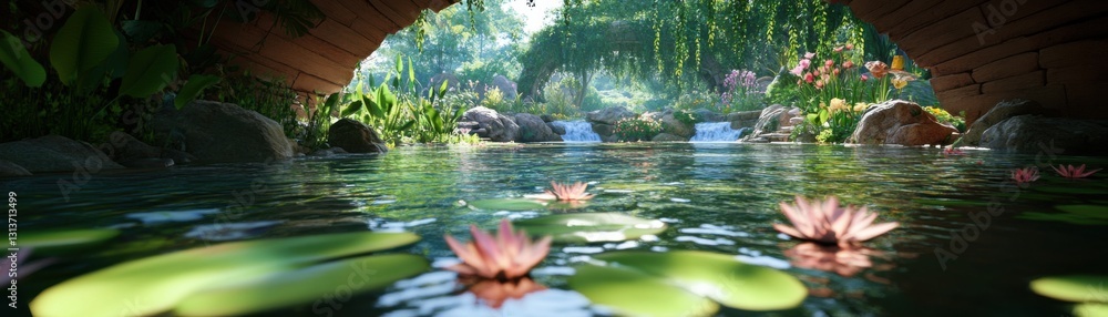 Fototapeta premium Discover the serene beauty of nature with this stunning image showcasing A pristine and clear river flowing beneath a natural stone arch, vibrant wildflowers along its banks This idyllic scene