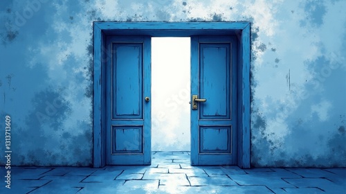 A stock illustration representing National security in Blue and white colors  incorporating rough textures with metaphors of Open doors and passports for an engaging  intuitive design.