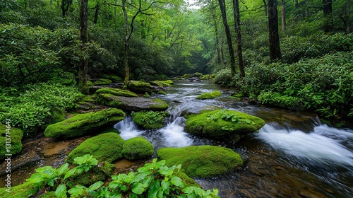 Lush Green Forest with Serene Stream Flowing Over Mossy Rocks and Vibrant Foliage