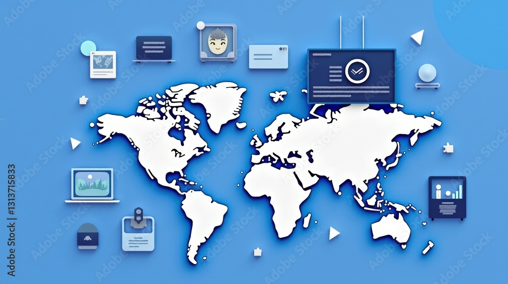 Fototapeta premium A stock illustration that represents the concept of Climate action in Blue and white colors, incorporating Sharp contrasts and conceptual metaphors of TV screens and fact-check icons.