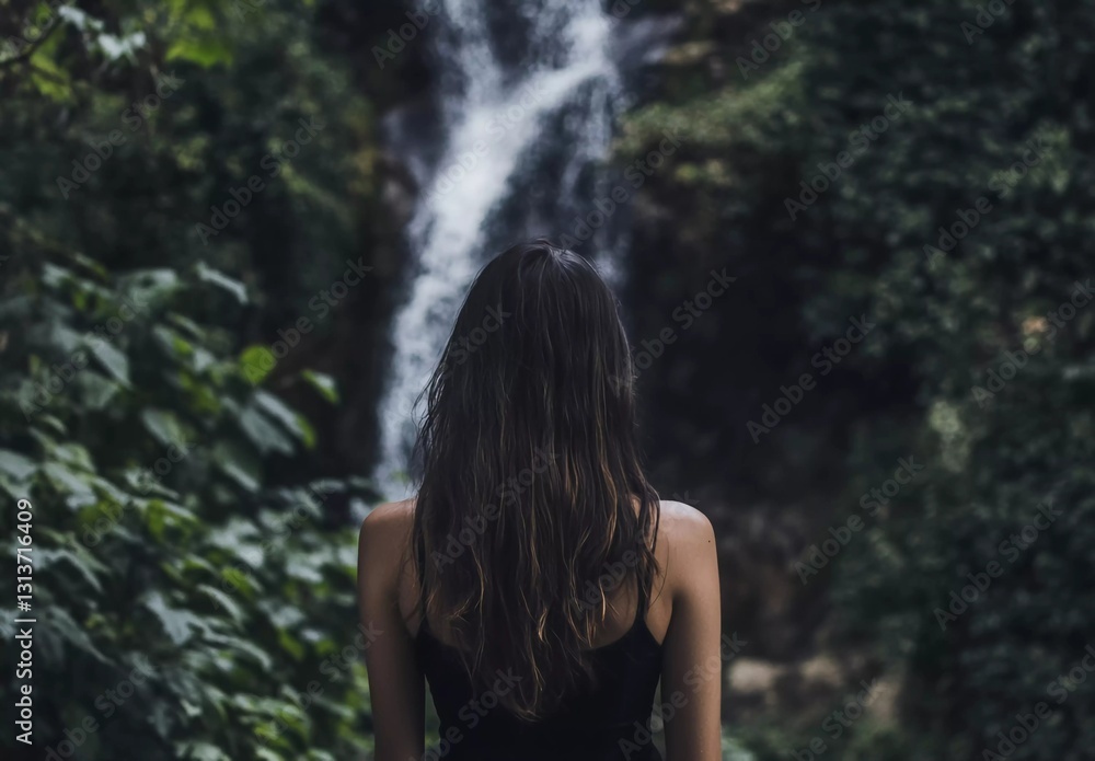 Beautiful Waterfall Background with Female Silhouette: Digital Nomad, Exploring the World, Southeast Asia Lifestyle, Gap Year, and Nature Healing Beautiful Waterfall Background with Female Silhouette: Digital Nomad, Exploring the World, Southeast Asia Lifestyle, Gap Year, and Nature Healing