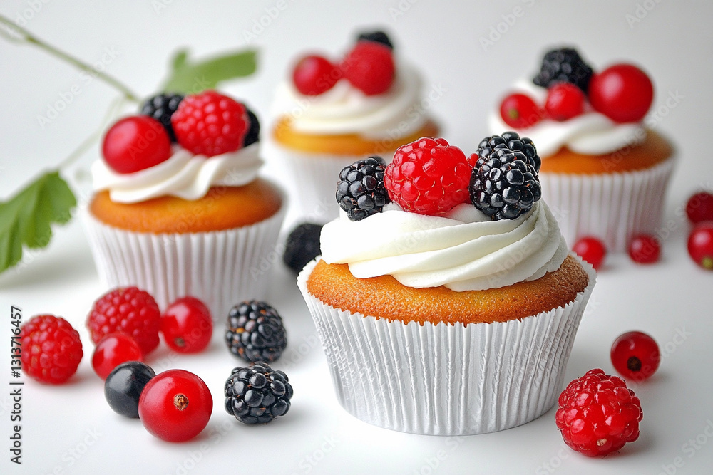 Colorful cupcakes topped with fresh berries create a delightful dessert display for any occasion Colorful cupcakes topped with fresh berries create a delightful dessert display for any occasion