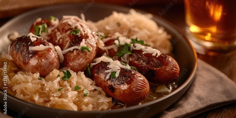 Sausages in pasta sauce with grated cheese on top. Served with a glass of beer. A hearty Italian meal. Sausages in pasta sauce with grated cheese on top. Served with a glass of beer. A hearty Italian meal.