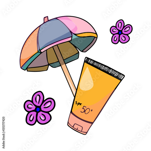 Hand drawn color illustration of a summer beach umbrella and a tube of sunscreen