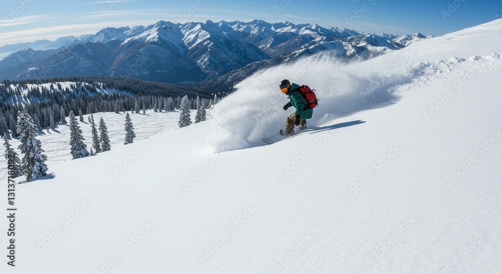 Snowboarding on Powder Day with Mountain Views and Clear Blue Sky Snowboarding on Powder Day with Mountain Views and Clear Blue Sky