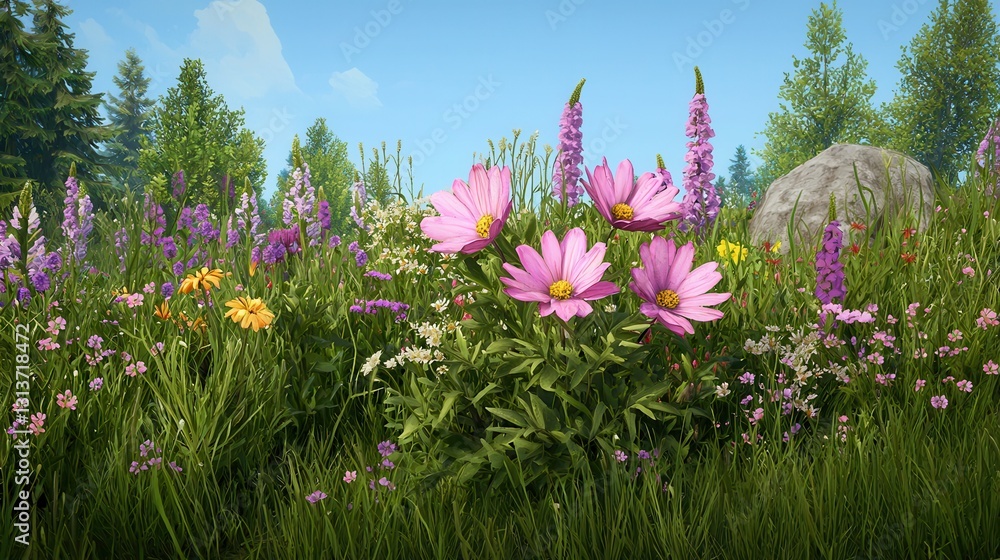 Vibrant Wildflower Meadow with Colorful Blooms Under Clear Blue Sky Vibrant Wildflower Meadow with Colorful Blooms Under Clear Blue Sky