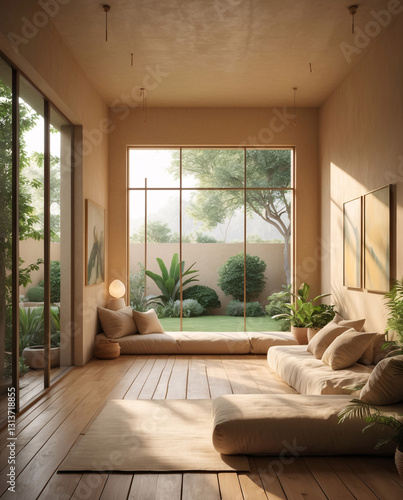 Inviting pilates studio with wooden tile flooring serene ambiance and peaceful outdoor garden for serenity Modern Spa Relaxation Wallpaper Interior Design