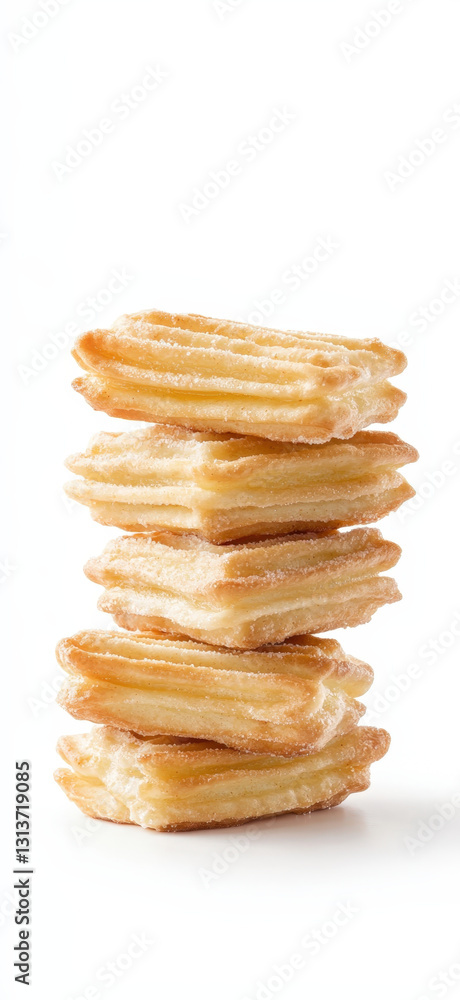 Food Addict with Intense Fast Food Cravings, Stack of crispy churros on white background Food Addict with Intense Fast Food Cravings, Stack of crispy churros on white background