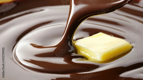 Close-up of melting chocolate and butter blending together in a glossy swirl, perfect for dessert recipes