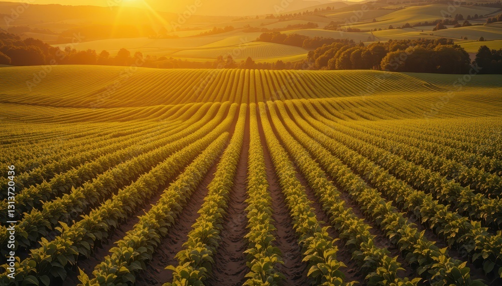 Golden Sunset Over Expansive Fields of Green Crops Golden Sunset Over Expansive Fields of Green Crops