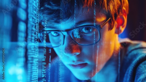 young programmer working late at night on computer screen