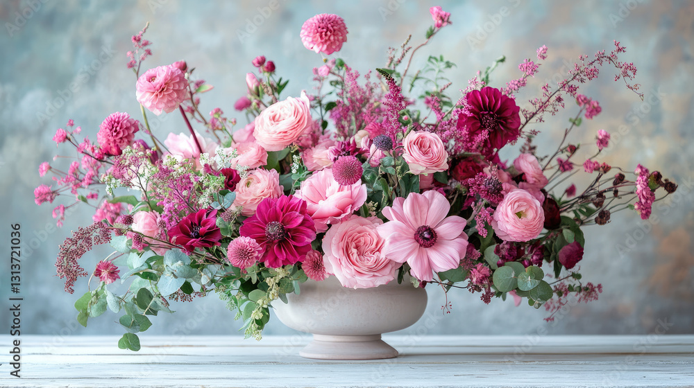 A beautiful display of various pink flowers arranged elegantly on a white wooden surface. This striking collection features roses, dahlias, and wildflowers, creating a delightful atmosphere A beautiful display of various pink flowers arranged elegantly on a white wooden surface. This striking collection features roses, dahlias, and wildflowers, creating a delightful atmosphere