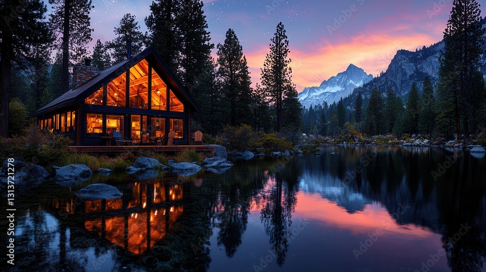 Fototapeta premium Cozy cabin by serene lake at sunset surrounded by mountains and pine trees