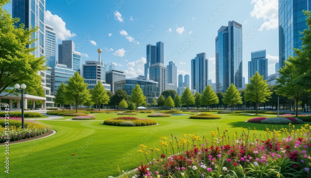 Fototapeta premium Urban Park with Modern Skyscrapers and Vibrant Flowerbeds