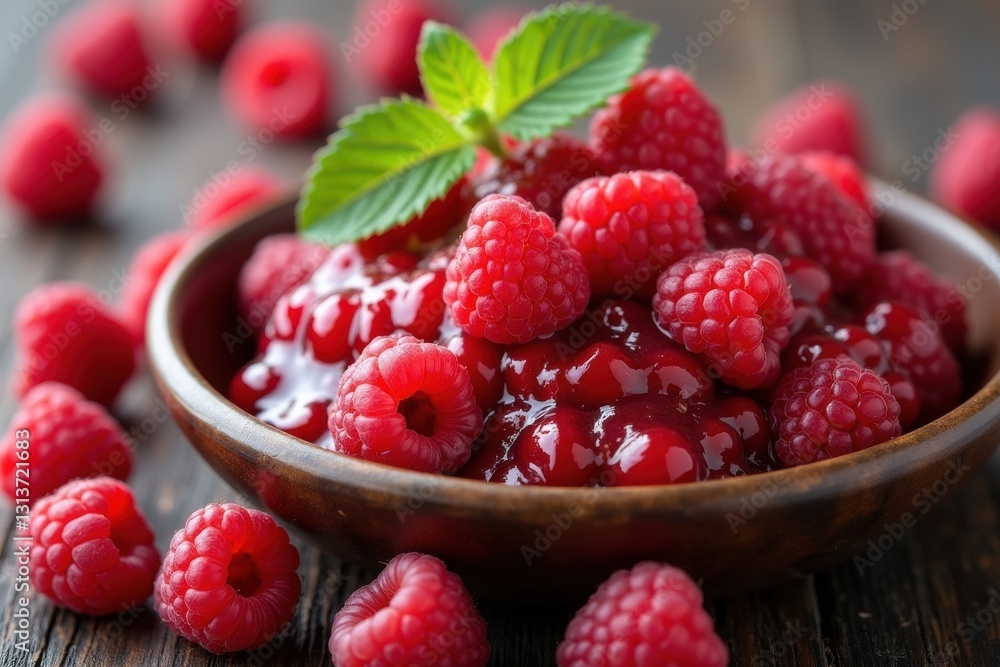 Fresh raspberry dessert in a wooden bowl Fresh raspberry dessert in a wooden bowl