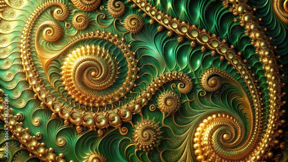 Opulent Emerald and Gold Spiral Fractal Design Featuring Intricate Curving Patterns and Decorative Elements Opulent Emerald and Gold Spiral Fractal Design Featuring Intricate Curving Patterns and Decorative Elements