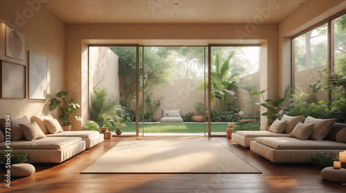 Peaceful yoga pilates studio with wooden tile floors serene design and tranquil garden space outside for mindfulness Modern Spa Relaxation Wallpaper Interior Design