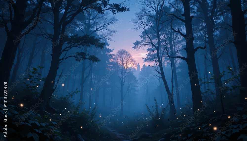 Fototapeta premium Serene Misty Forest at Dusk with Glowing Fireflies and Trees