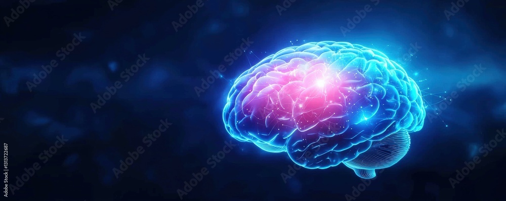 A glowing, digital representation of a brain, showcasing neural connections and activity in vibrant blue and pink colors against a dark background. A glowing, digital representation of a brain, showcasing neural connections and activity in vibrant blue and pink colors against a dark background.