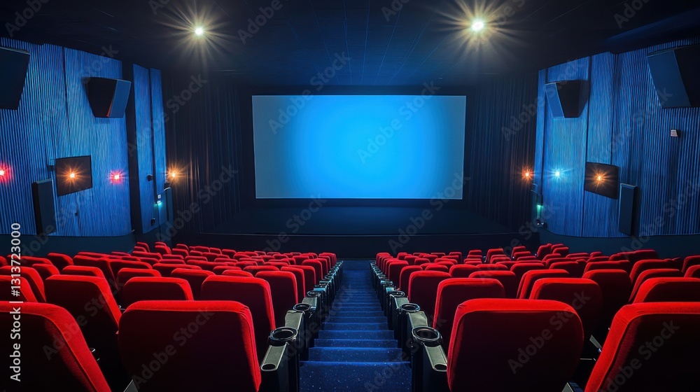 empty movie theater red seats blue walls large screen empty movie theater red seats blue walls large screen