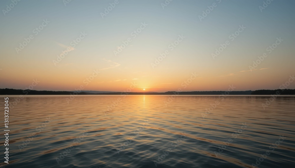 Obraz premium Serene Sunset Over Calm Water Reflection in Golden Hour Light