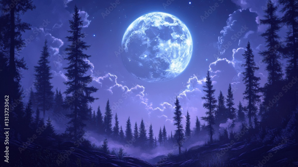 Fototapeta premium enchanting night forest underneath a giant blue moon