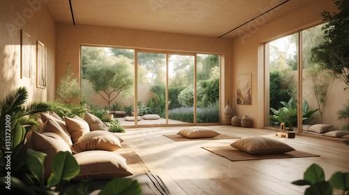 Relaxing spa studio with wooden flooring tranquil ambiance and an outdoor mini garden for peaceful moments  Modern Spa Relaxation Wallpaper Interior Design